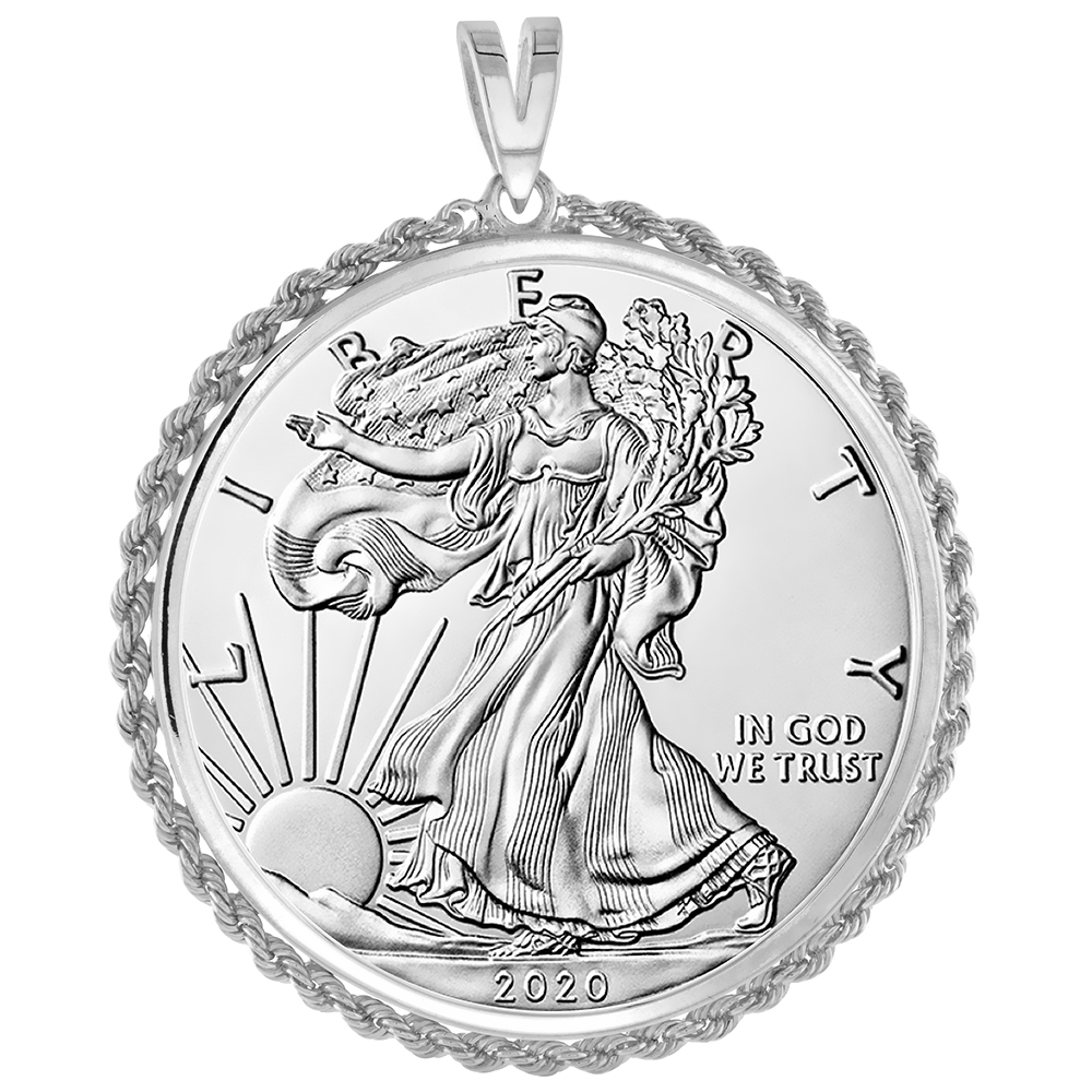 STERLING SILVER SILVER EAGLE ROPE BEZEL PENDANT FOR MEN AND WOMEN SQUARE PRONG BACK FITS 41MM 1 OZ COIN NOT INCLUDED