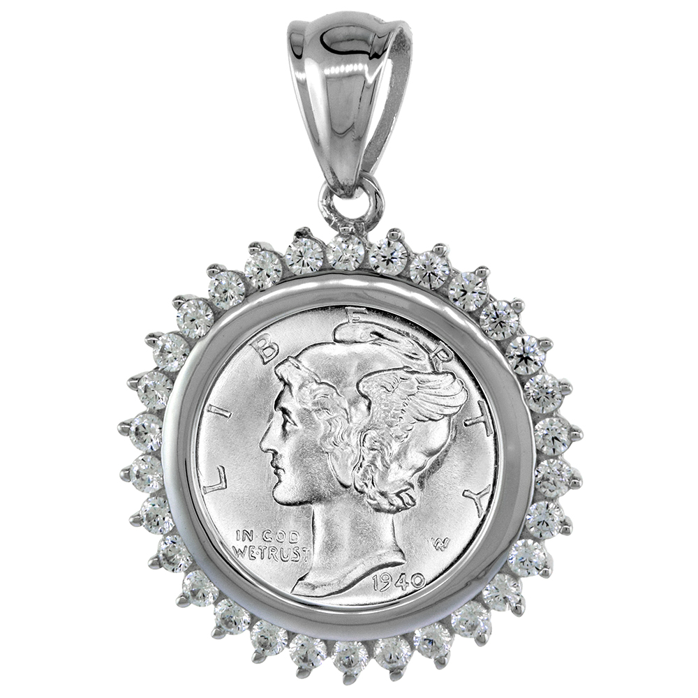 Sterling Silver Cubic Zirconia Dime Bezel CZ Halo 18 mm Coins Prong Back 10 cent Coin NOT Included
