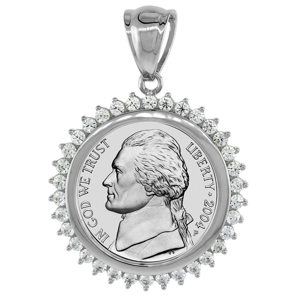 STERLING SILVER CUBIC ZIRCONIA NICKEL BEZEL CZ HALO 21 MM COINS PRONG BACK 5 CENT COIN NOT INCLUDED