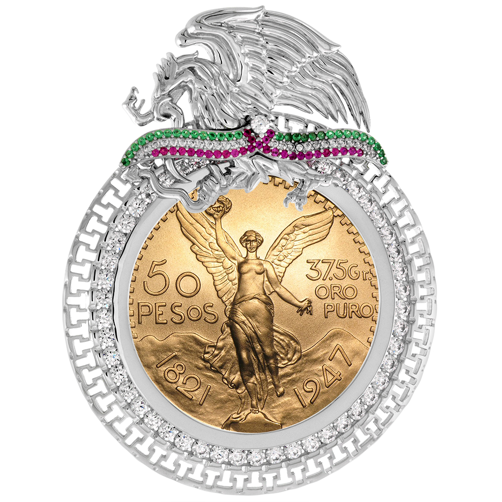 Sterling Silver TriColor CZ 37mm Centenario 50 Peso Gold Coin Bezel Mexican Coat of Arms Coin Not Included