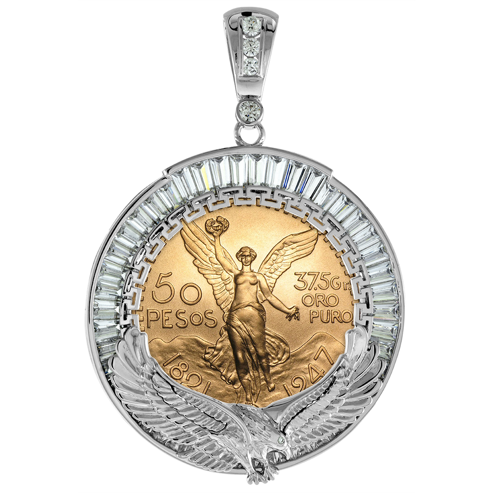 STERLING SILVER BAGUETTE CZ EAGLE MOTIF MEXICAN 50 PESO GOLD CENTENARIO COIN BEZEL 37MM COIN NOT INCLUDED