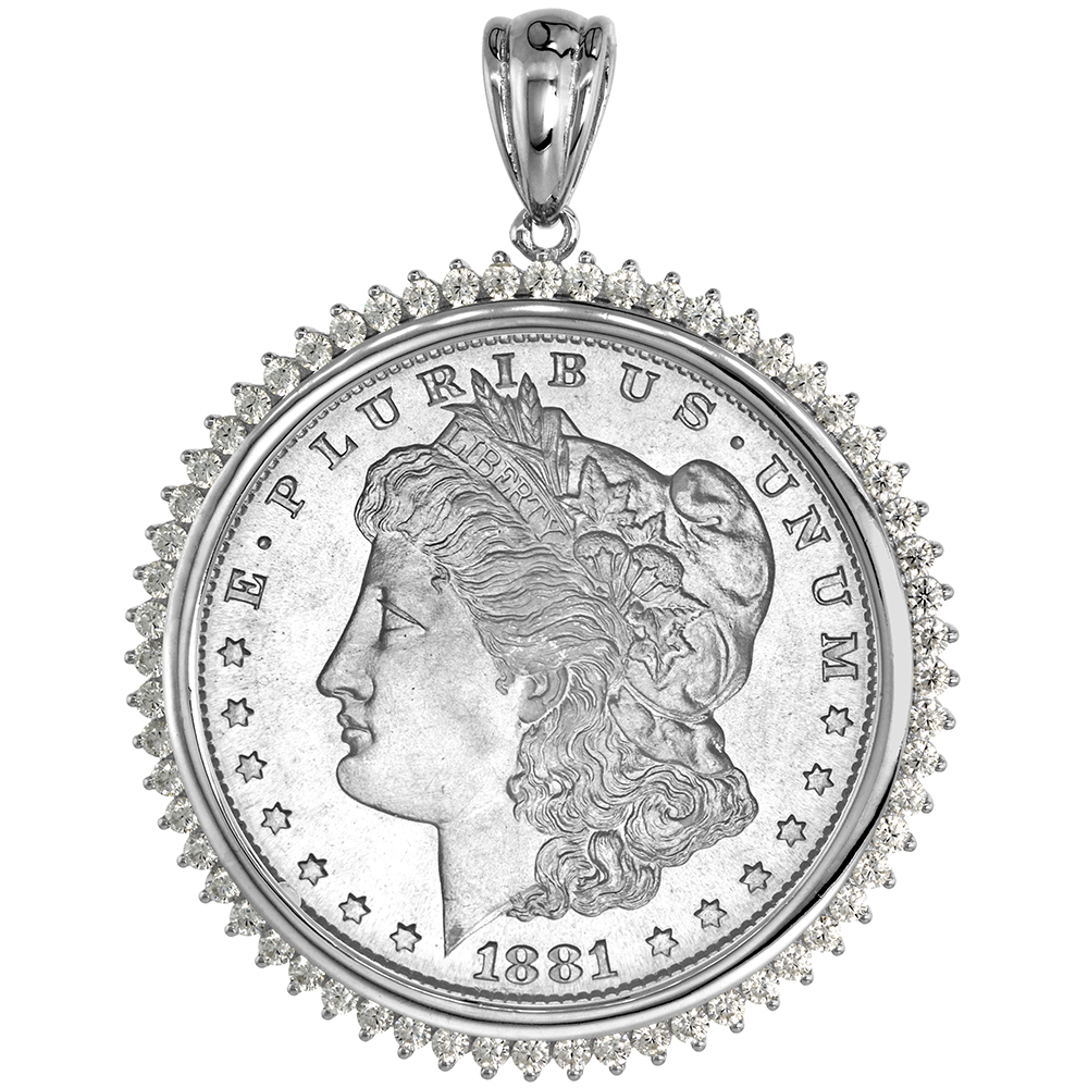 Sterling Silver Cubic Zirconia Silver Dollar Bezel CZ Halo 38 mm Mexican Olympic Coins Prong Back Coin NOT Included