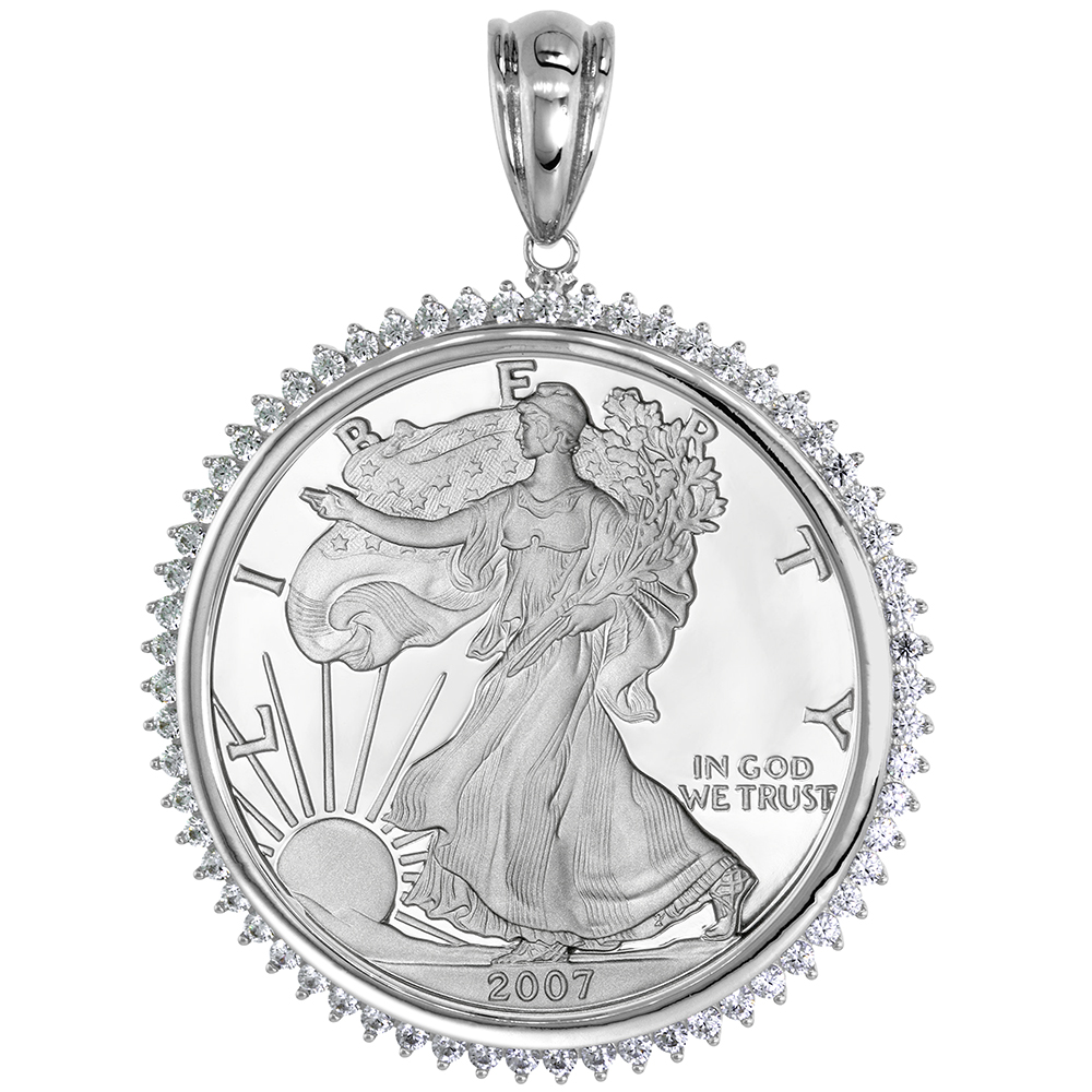 STERLING SILVER CUBIC ZIRCONIA SILVER EAGLE BEZEL CZ HALO 40.5 MM COINS PRONG BACK 1 OZ COIN NOT INCLUDED