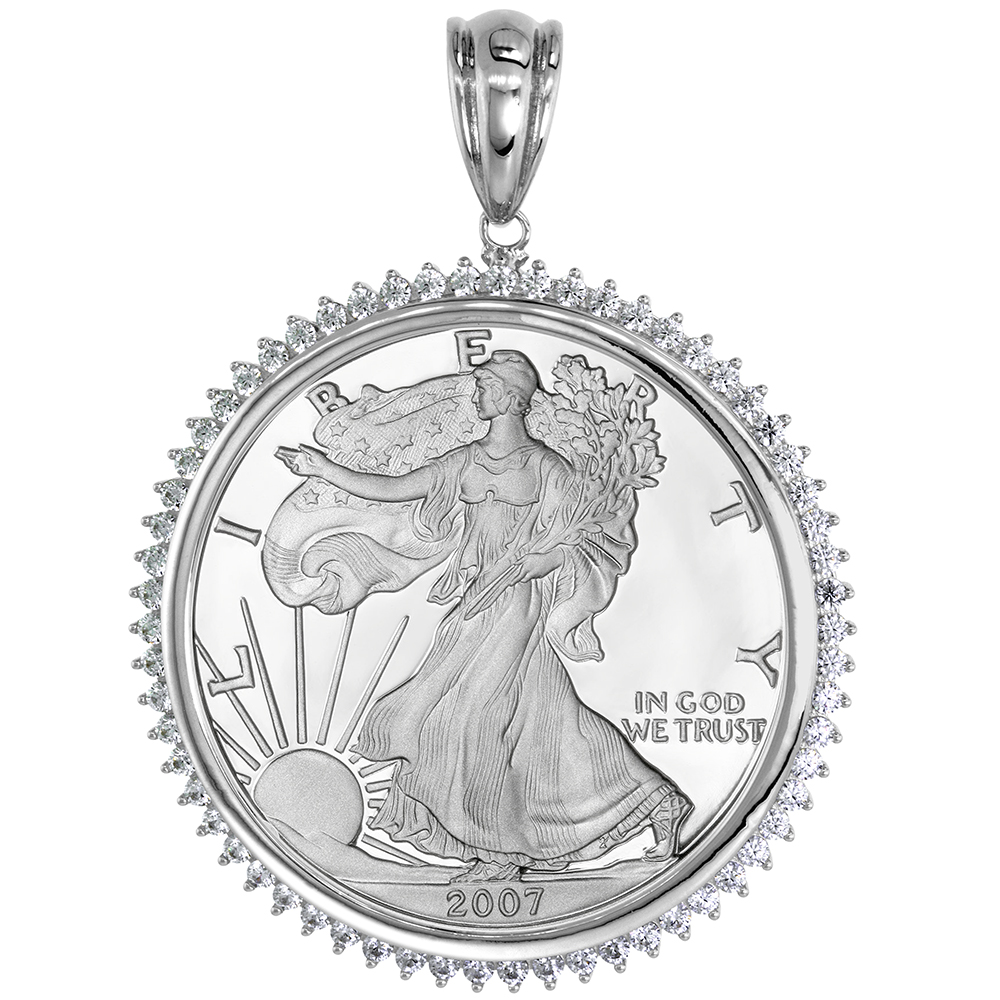 Sterling Silver Cubic Zirconia Silver Eagle Bezel CZ Halo 40.5 mm Coins Prong Back 1 oz Coin NOT Included