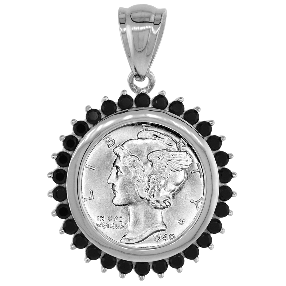 Sterling Silver Cubic Zirconia Dime Bezel Black CZ Halo 18 mm Coins Prong Back 10 cent Coin NOT Included