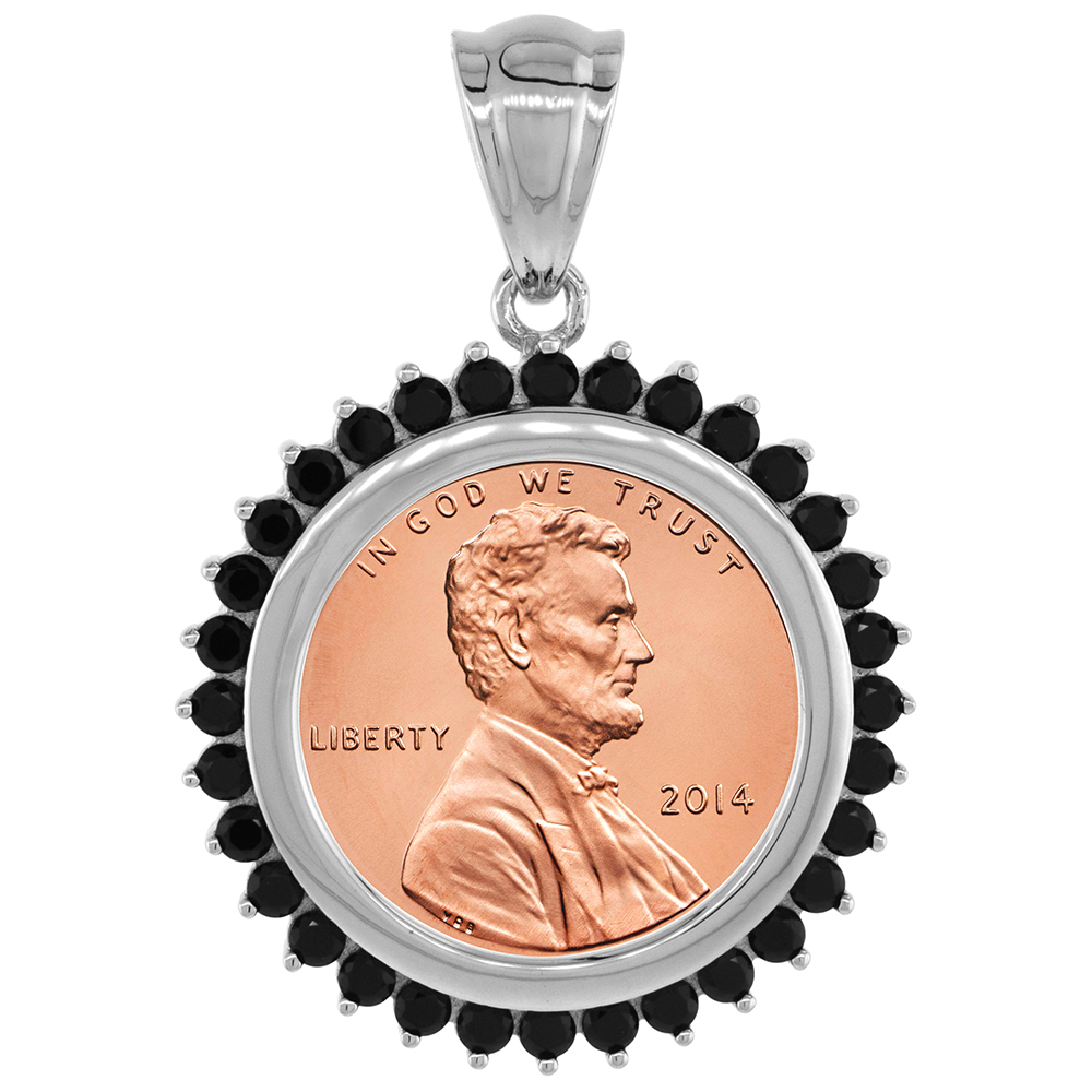 Sterling Silver Cubic Zirconia Penny Bezel Black CZ Halo 19 mm Coins Prong Back 1 cent Coin NOT Included