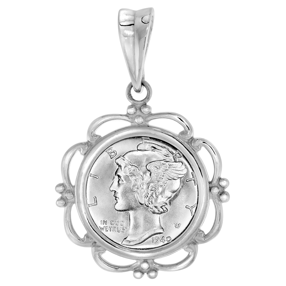 STERLING SILVER SCALLOPED DIME BEZEL PENDANT FOR 18 MM COINS PRONG BACK 10 CENT COIN NOT INCLUDED