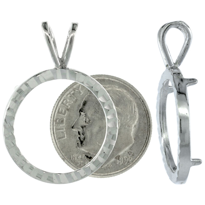 Sterling Silver 18 mm Dime (10 Cents) Coin Frame Bezel Pendant w/ Diamond Cut Finish (COIN is NOT Included)