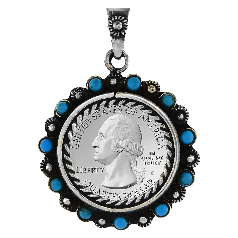 STERLING SILVER QUARTER DOLLAR BEZEL 24 MM COINS PRONG BACK FLOWER EDGE BLUE BEADS 25 CENT COIN NOT INCLUDED