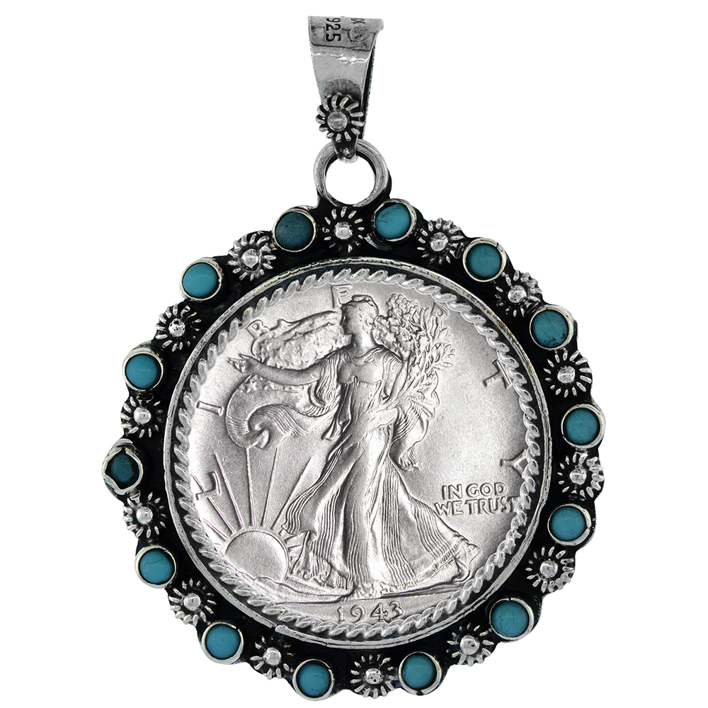STERLING SILVER HALF DOLLAR BEZEL 30 MM COINS PRONG BACK FLOWER EDGE BLUE BEADS 50 CENT COIN NOT INCLUDED