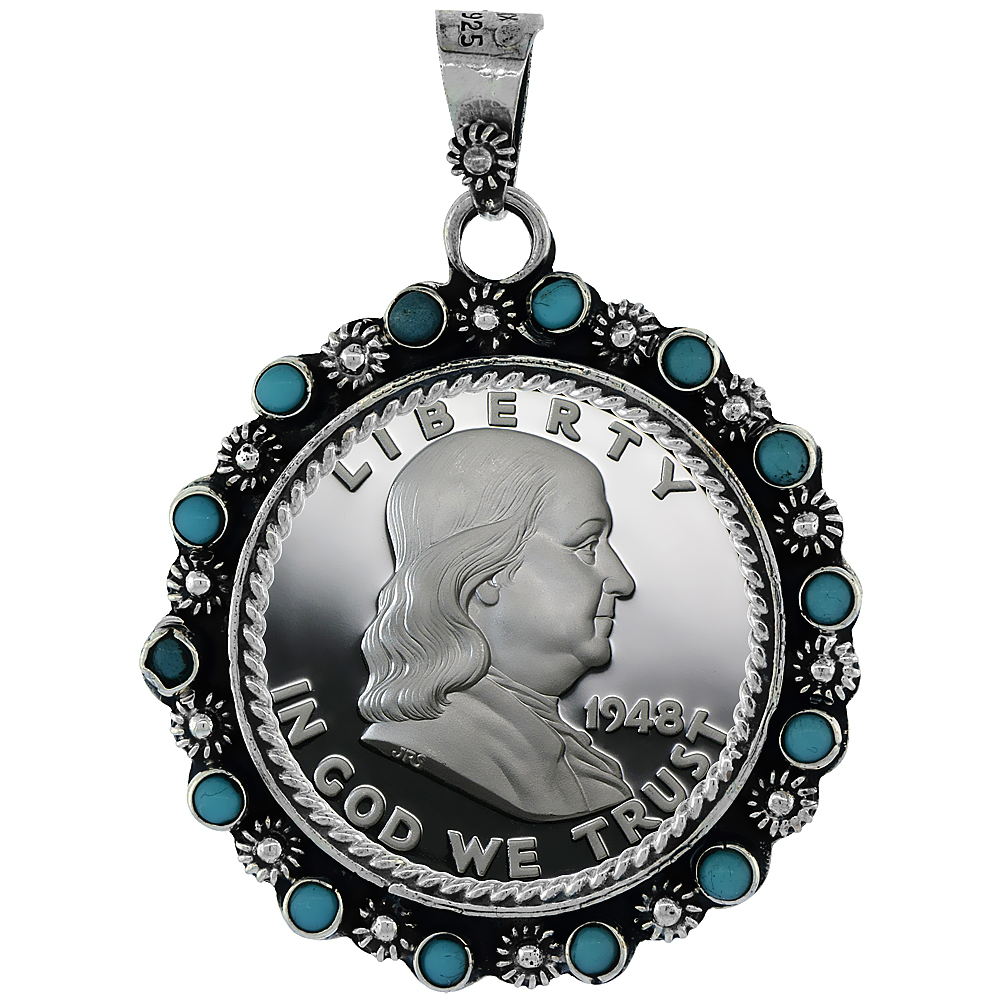 Sterling Silver Half Dollar Bezel 30 mm Coins Prong Back Flower Edge Blue Beads 50 Cent Coin NOT Included