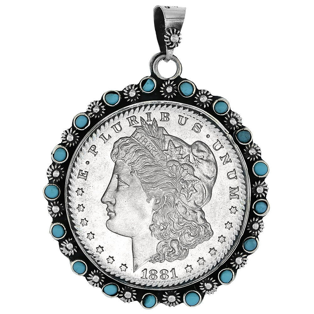 Sterling Silver Dollar Bezel 38 mm Coins Prong Back Flower Edge Blue Beads Mexican Olympic One Dollar Coin NOT Included