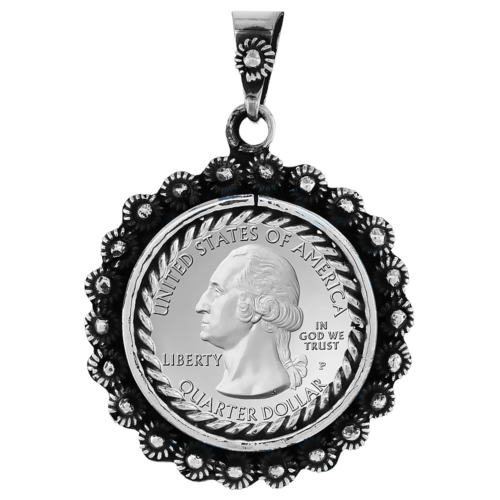 STERLING SILVER QUARTER DOLLAR BEZEL 24 MM COINS PRONG BACK FLOWER EDGE 25 CENT COIN NOT INCLUDED