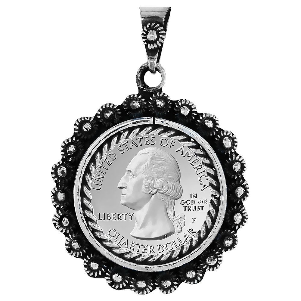 Sterling Silver Quarter Dollar Bezel 24 mm Coins Prong Back Flower Edge 25 Cent Coin NOT Included
