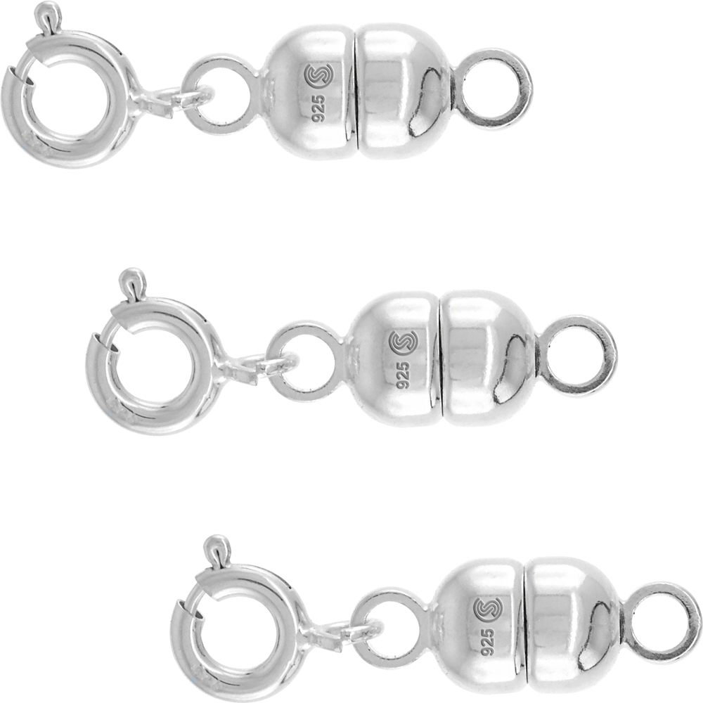 3 PACK STERLING SILVER 6 MM MAGNETIC CLASP CONVERTER FOR NECKLACES ITALY, LARGE SIZE
