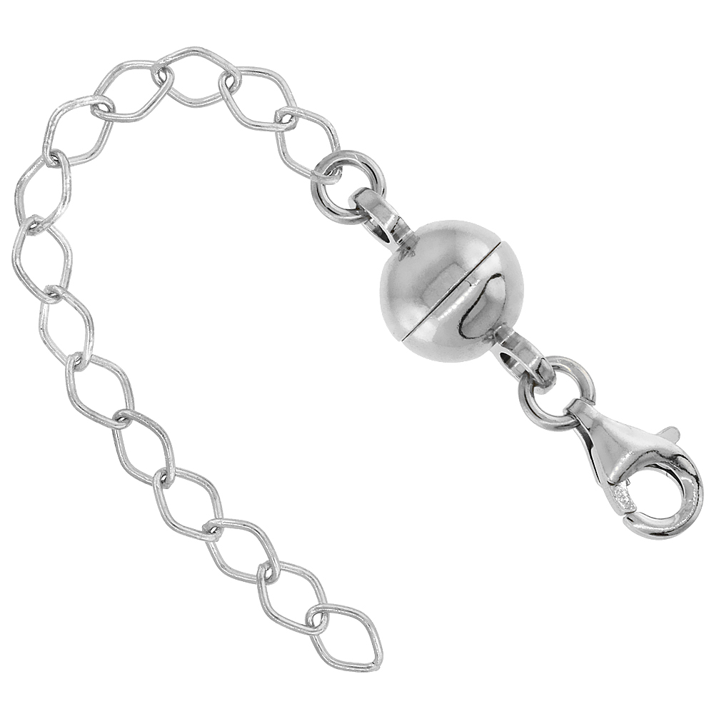 STERLING SILVER 8 MM MAGNETIC BALL CLASP CONVERTER RHODIUM FINISH 2 INCH EXTENTION, MEDIUM SIZE