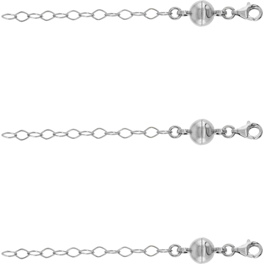 3 PACK STERLING SILVER 8 MM MAGNETIC BALL CLASP CONVERTER RHODIUM FINISH 2 INCH EXTENTION, MEDIUM SIZE
