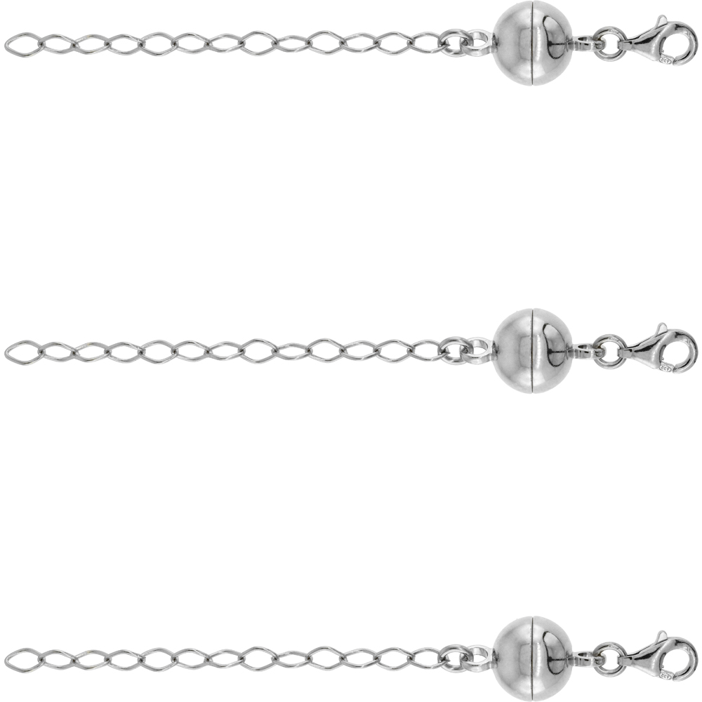 3 PACK STERLING SILVER 10 MM MAGNETIC BALL CLASP CONVERTER RHODIUM FINISH 2 INCH EXTENTION, LARGE