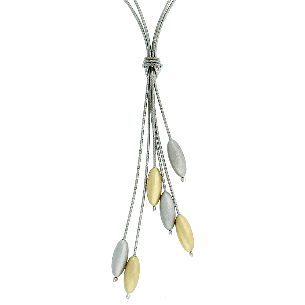Sterling Silver Elongated Oval Necklace Rhodium and Yellow Gold Accents, 17 inches long