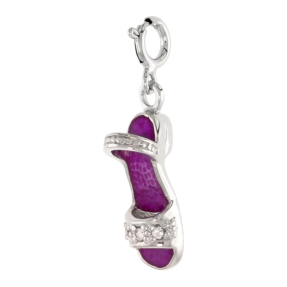 STERLING SILVER ENAMEL FUCHSIA PINK LADIES SANDAL CHARM WITH CLASP FOR BRACELETS WOMEN CZ ACCENT 7/8 INCH