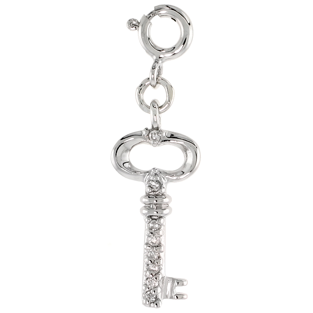 STERLING SILVER CUBIC ZIRCONIA JEWELED KEY CHARM WITH CLASP FOR BRACELETS WOMEN 7/8 INCH