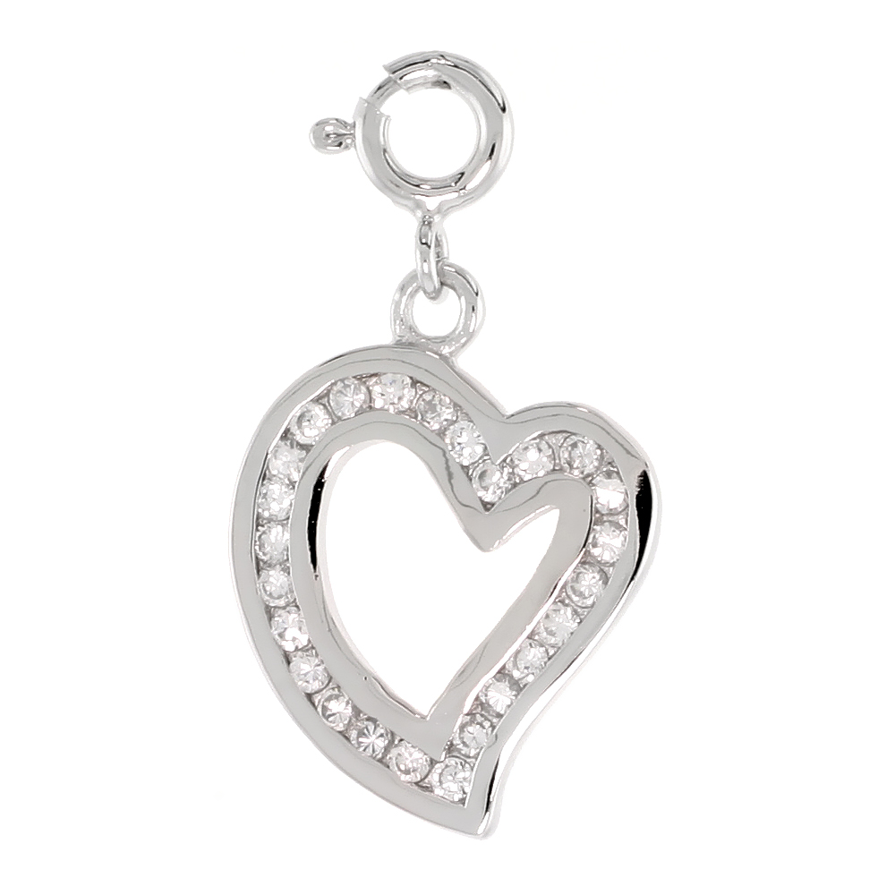 STERLING SILVER CUBIC ZIRCONIA JEWELED HEART CHARM WITH CLASP FOR BRACELETS WOMEN 13/16 INCH