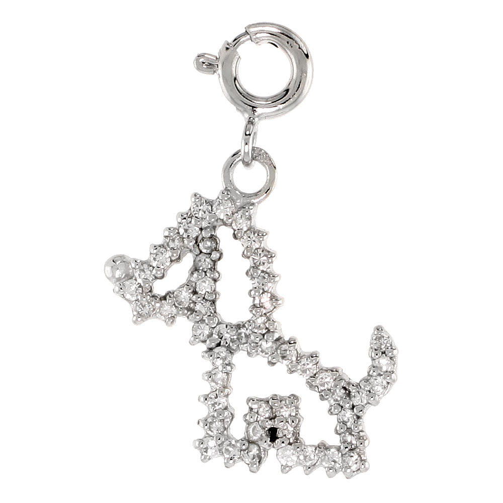 STERLING SILVER CUBIC ZIRCONIA JEWELED PUPPY CHARM WITH CLASP FOR BRACELETS WOMEN 13/16 INCH