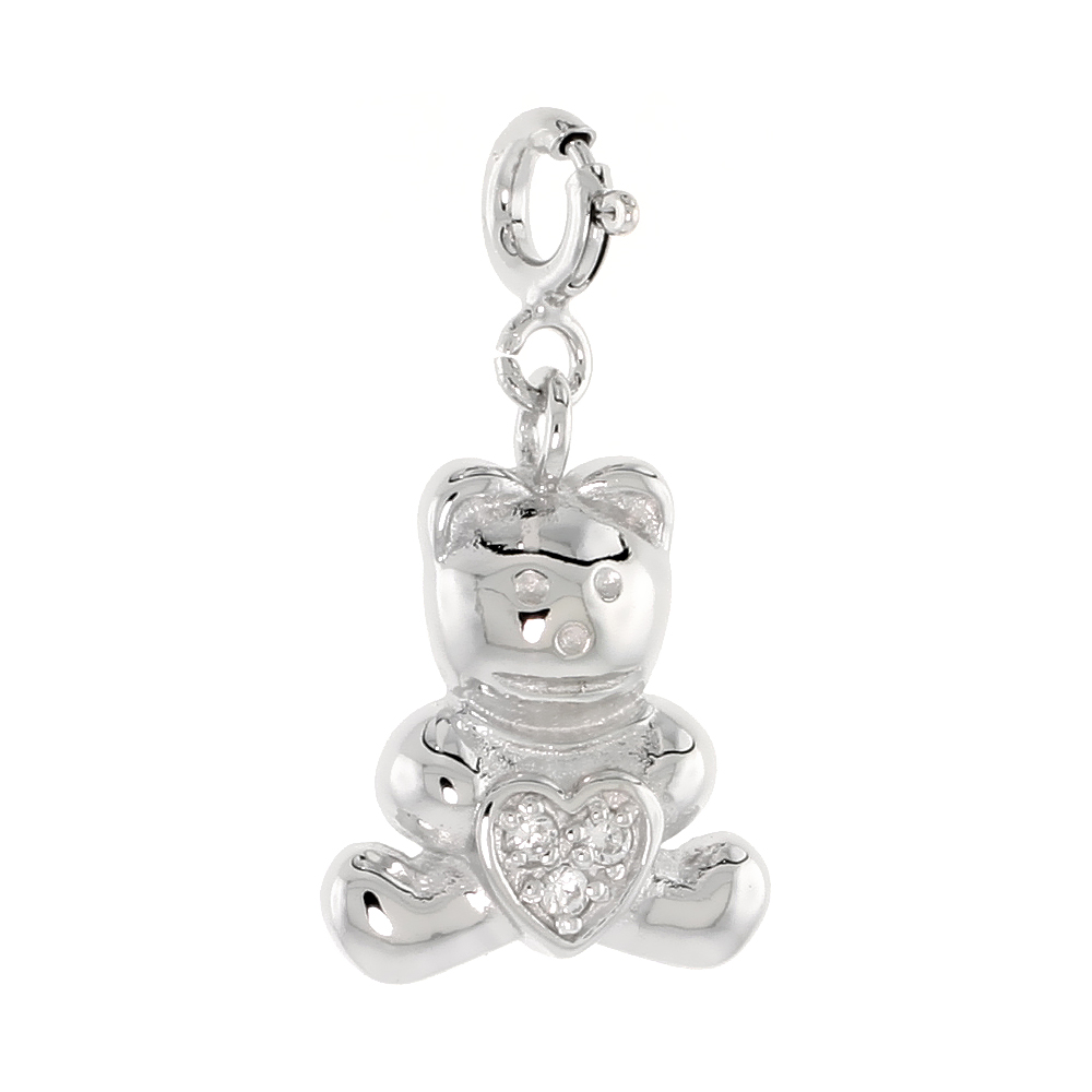 STERLING SILVER CUBIC ZIRCONIA JEWELED TEDDY BEAR CHARM WITH CLASP FOR BRACELETS WOMEN 11/16 INCH