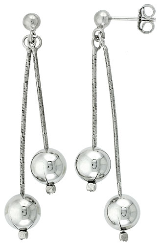 Sterling Silver Ball Double Drop Earrings Rhodium Finish, 2 inches long