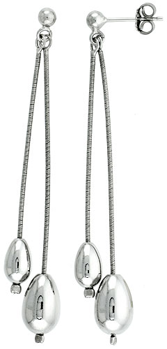 Sterling Silver Egg-shaped Double Drop Earrings Rhodium Finish, 2 11/16 inches long
