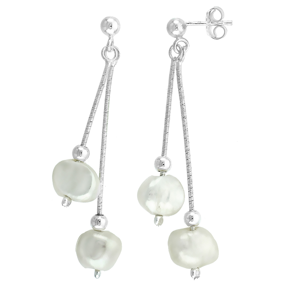 Sterling Silver Nugget Freshwater Pearls Double Drop Earrings, 2 inches long