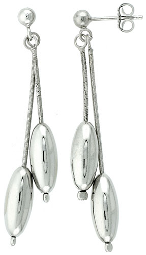 Sterling Silver Elongated Oval Drop Earrings Rhodium Finish, 2 inches long