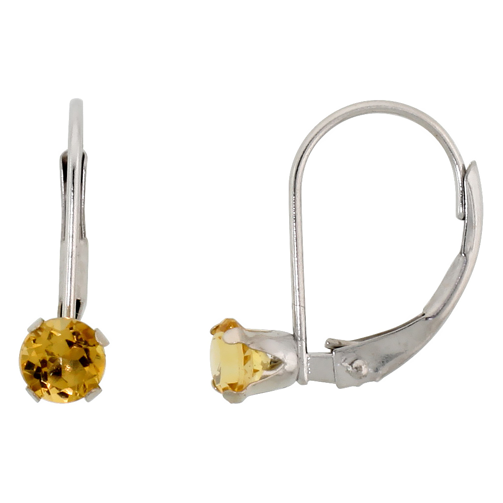 10K WHITE GOLD NATURAL CITRINE LEVERBACK EARRINGS 1/2 CT BRILLIANT CUT NOVEMBER BIRTHSTONE, 9/16 INCH LONG