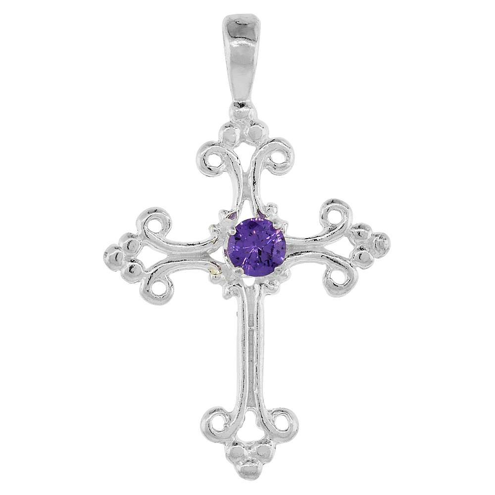 Sterling Silver Purple Cubic Zirconia Fleury Cross Pendant, 1 inch long