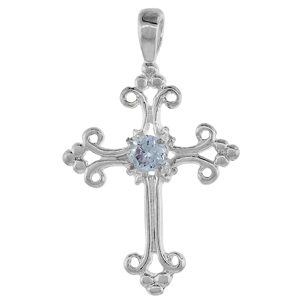 Sterling Silver Colored Cubic Zirconia Fleury Cross Pendant, 1 inch long