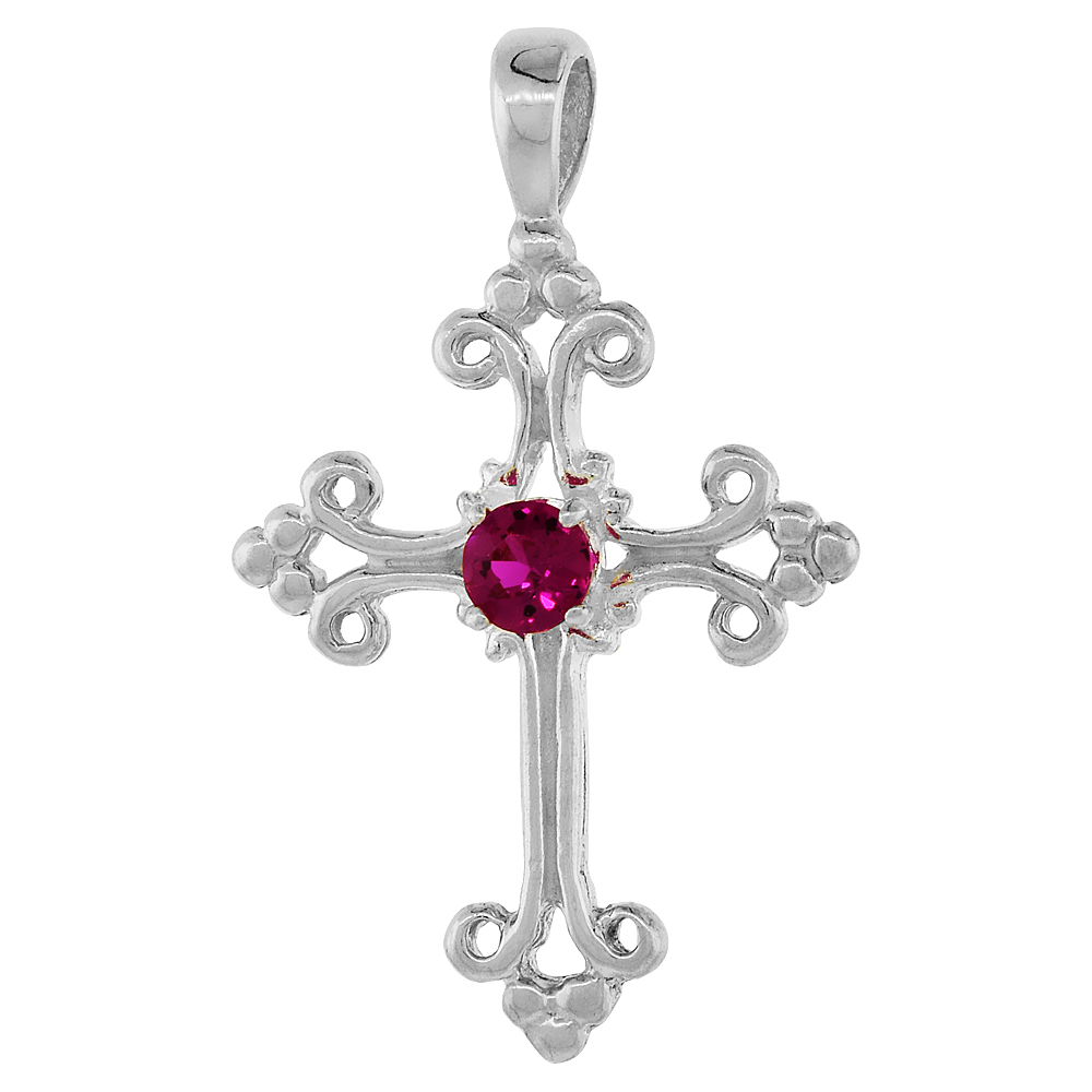 Sterling Silver Red Cubic Zirconia Fleury Cross Pendant, 1 inch long