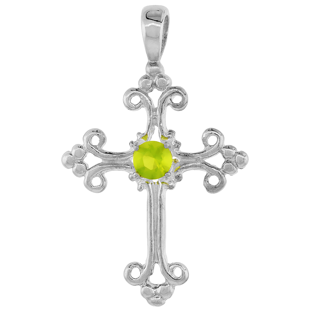 Sterling Silver Light Green Cubic Zirconia Fleury Cross Pendant, 1 inch long