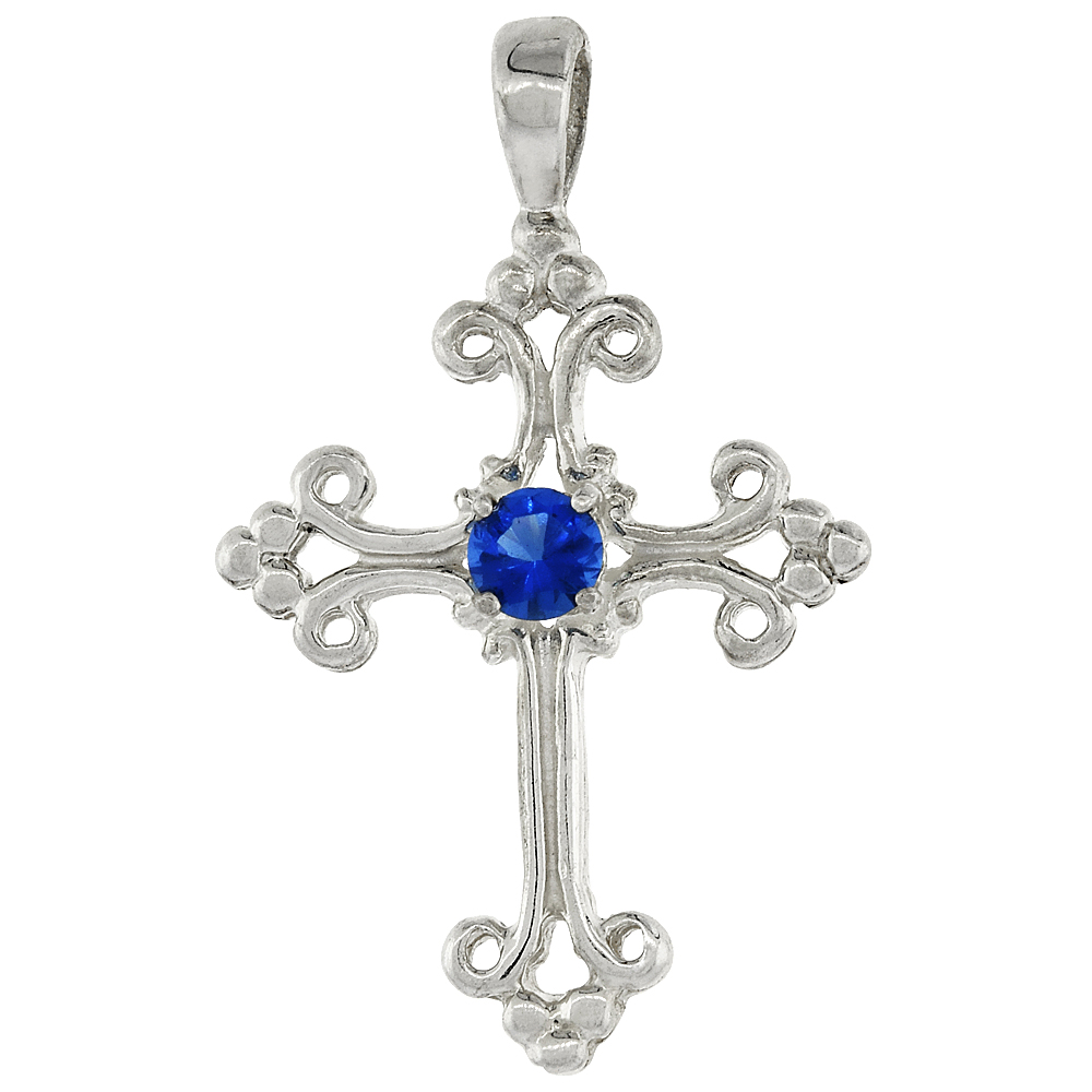 Sterling Silver Blue Cubic Zirconia Fleury Cross Pendant, 1 inch long