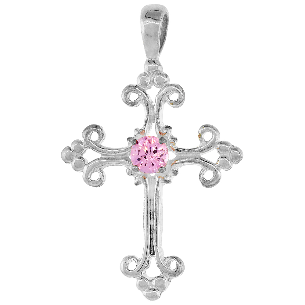 Sterling Silver Pink Cubic Zirconia Fleury Cross Pendant, 1 inch long