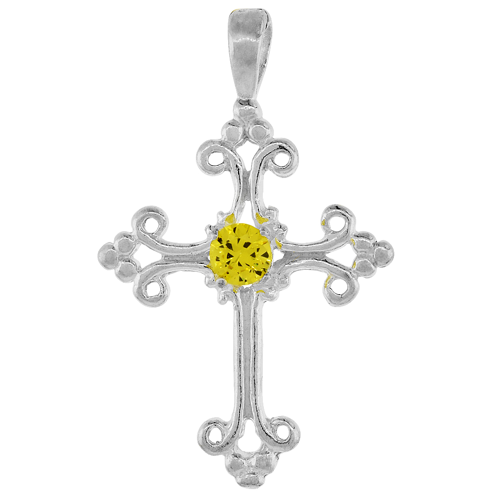 Sterling Silver Yellow Cubic Zirconia Fleury Cross Pendant, 1 inch long