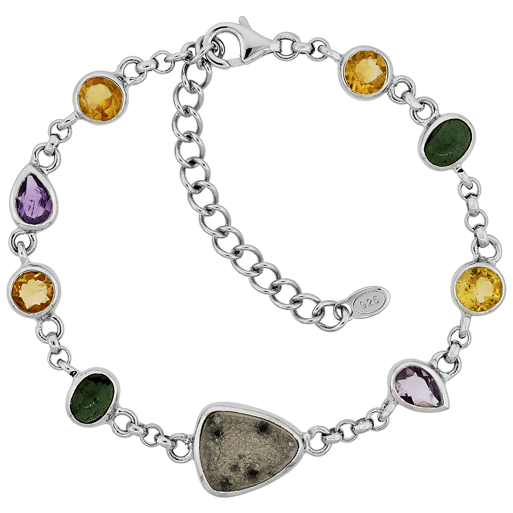 Sterling Silver Gray Druzy Bracelet Amethyst, Citrine, Green Agate Accents, 7 inches long
