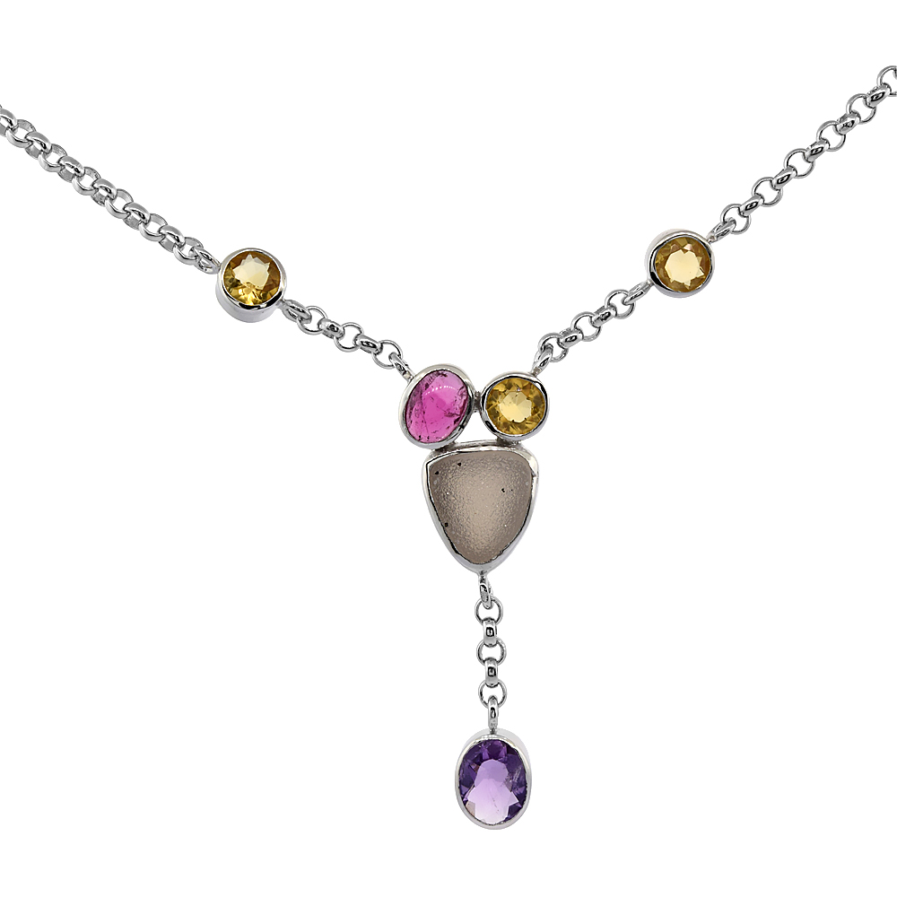 Sterling Silver Cream Druzy Rolo Necklace Amethyst, Citrine, Pink Agate Accents, 16 inches long