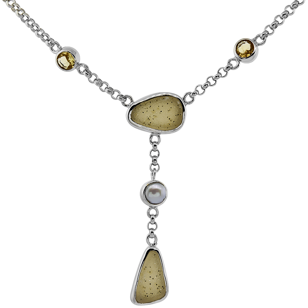 Sterling Silver Cream Druzy Rolo Toggle Necklace Citrine, Gray Pearl Accents, 16 inches long