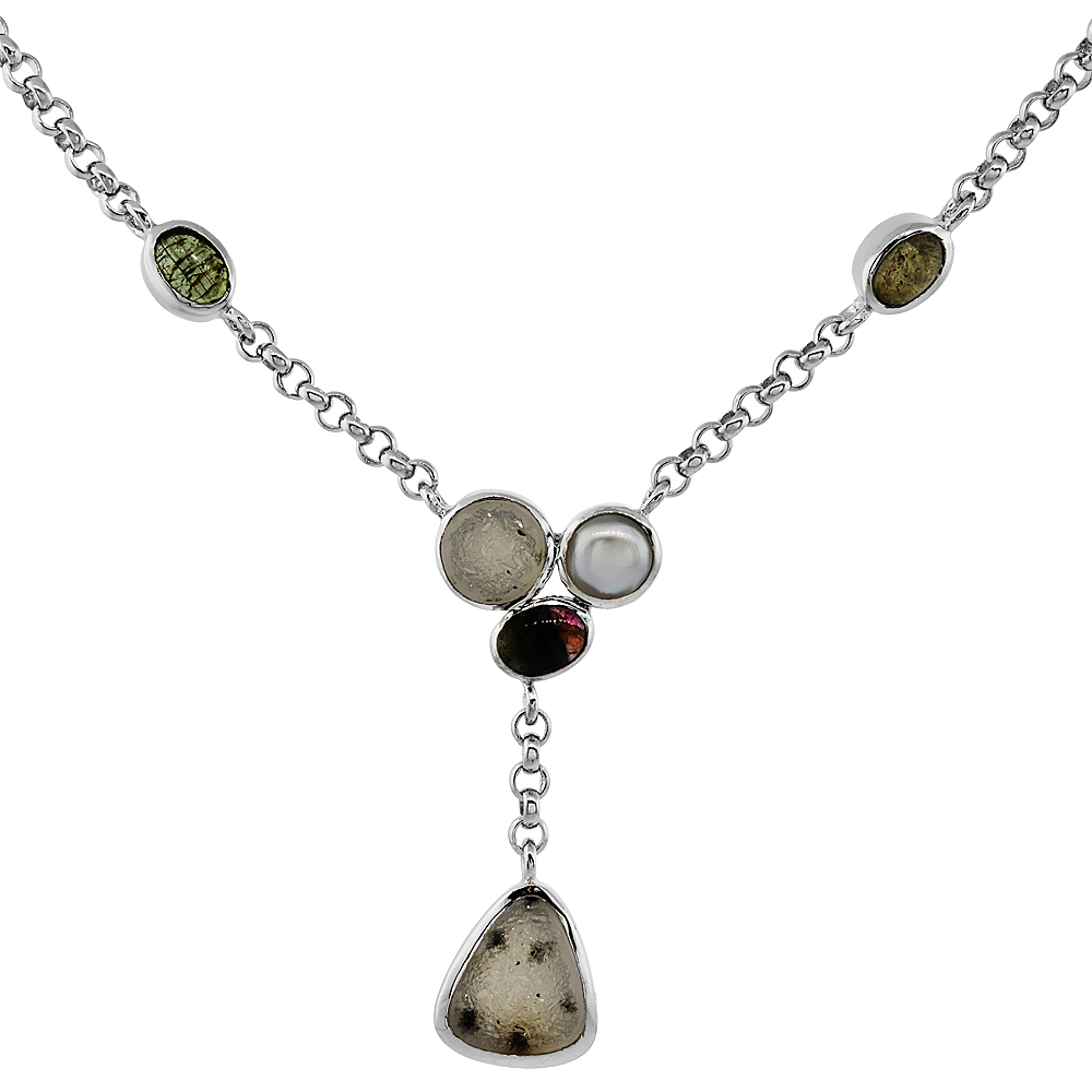 Sterling Silver Cream Druzy Rolo Toggle Necklace Green Agate, White Pearl Accents, 16 inches long