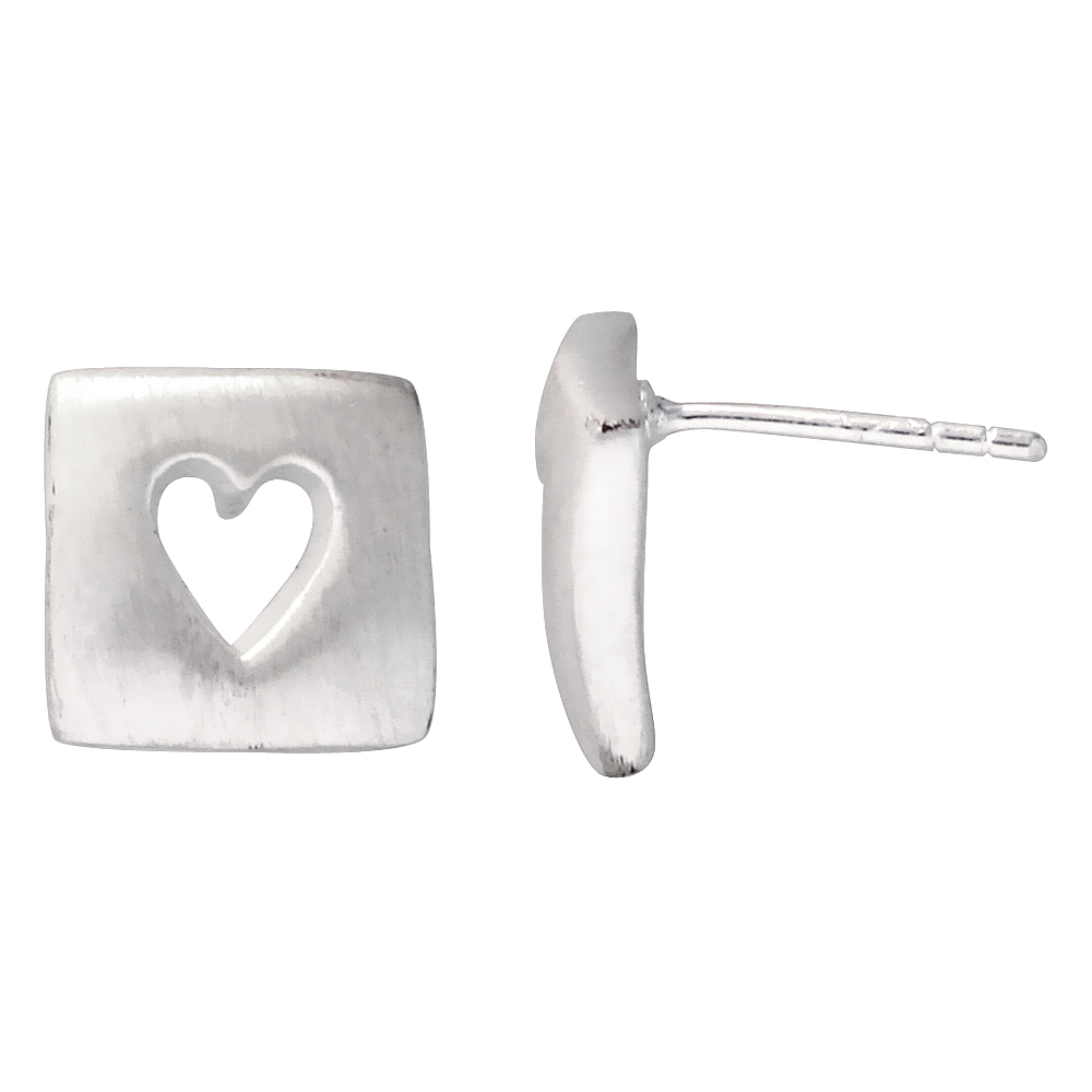 STERLING SILVER 7/16 INCH TALL HEART CUT OUT IN SQUARE STUD EARRINGS
