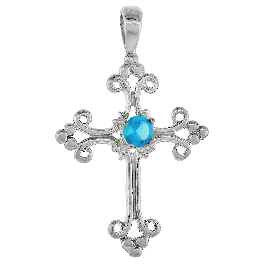 Sterling Silver Turquoise Cubic Zirconia Fleury Cross Pendant, 1 inch long 
