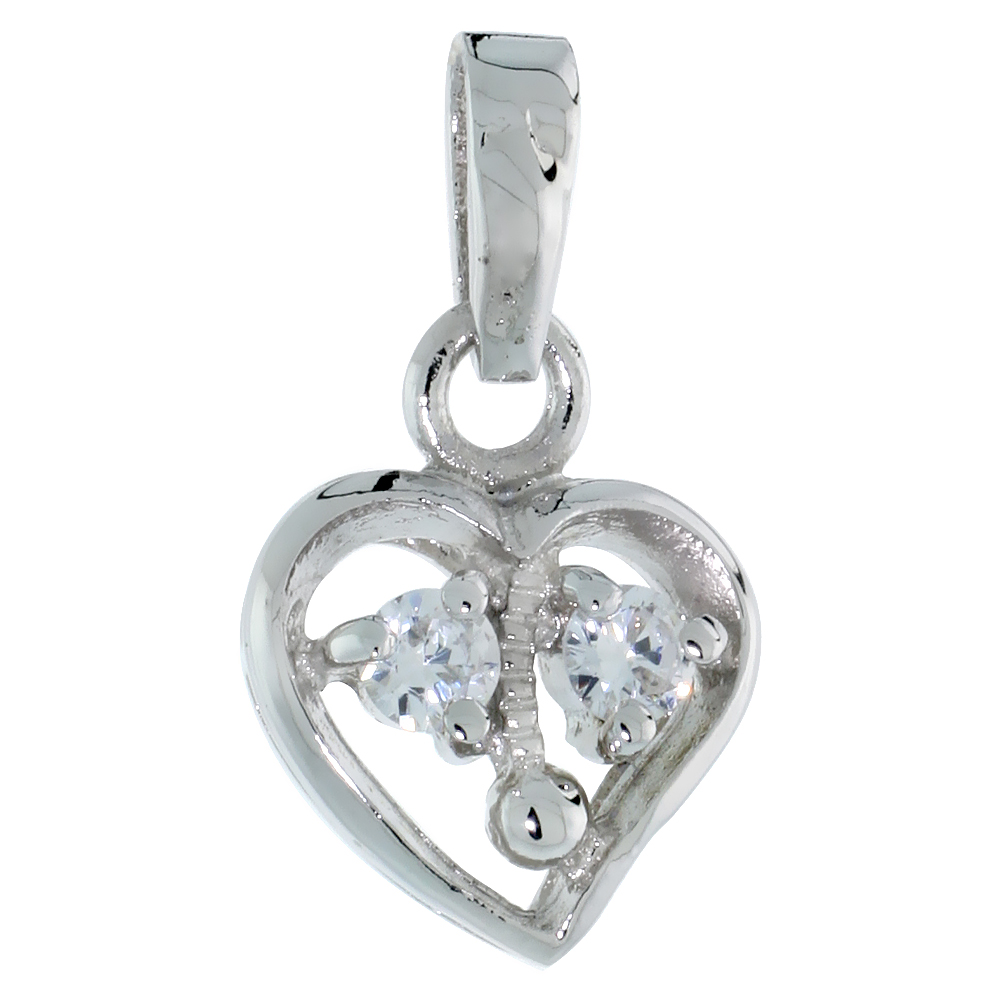 Sterling Silver Open Heart Pendant Cubic Zirconia Accent, 7/16 inch wide