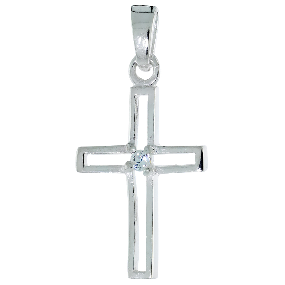 Sterling Silver Open Cross Pendant Cubic Zirconia Accent, 1/2 inch wide