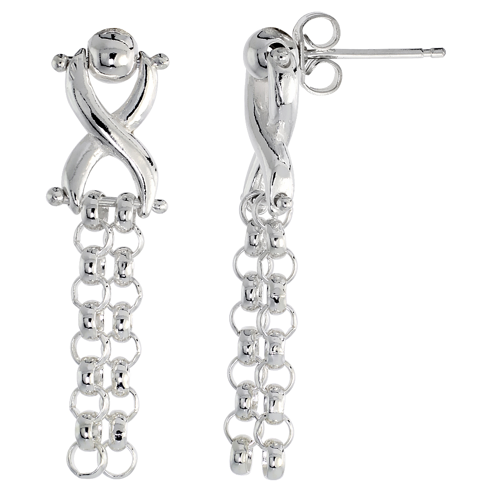 Sterling Silver Crisscross Rolo Link Dangle Earrings, 1 3/16 inch long