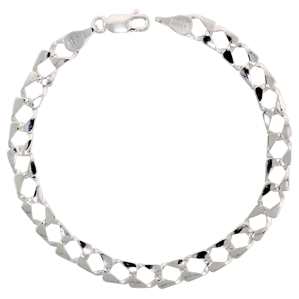 Sterling Silver 6mm Flat Square Curb Link Bracelet 1/4 inch wide, 7 inch long